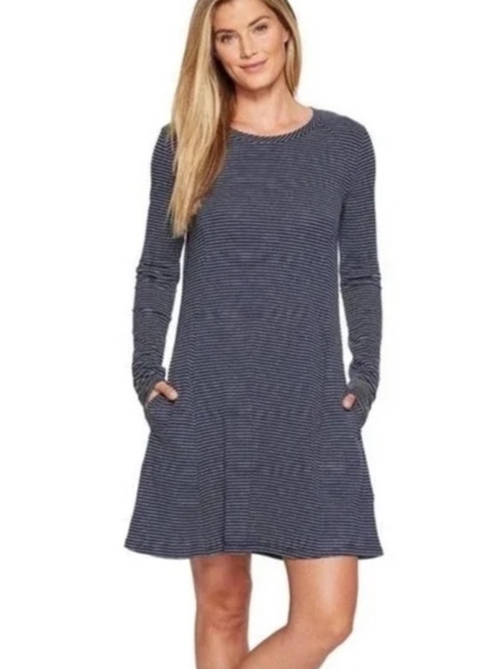 Toad&Co Windmere blue striped long sleeve t-shirt dress with pockets X-Large
